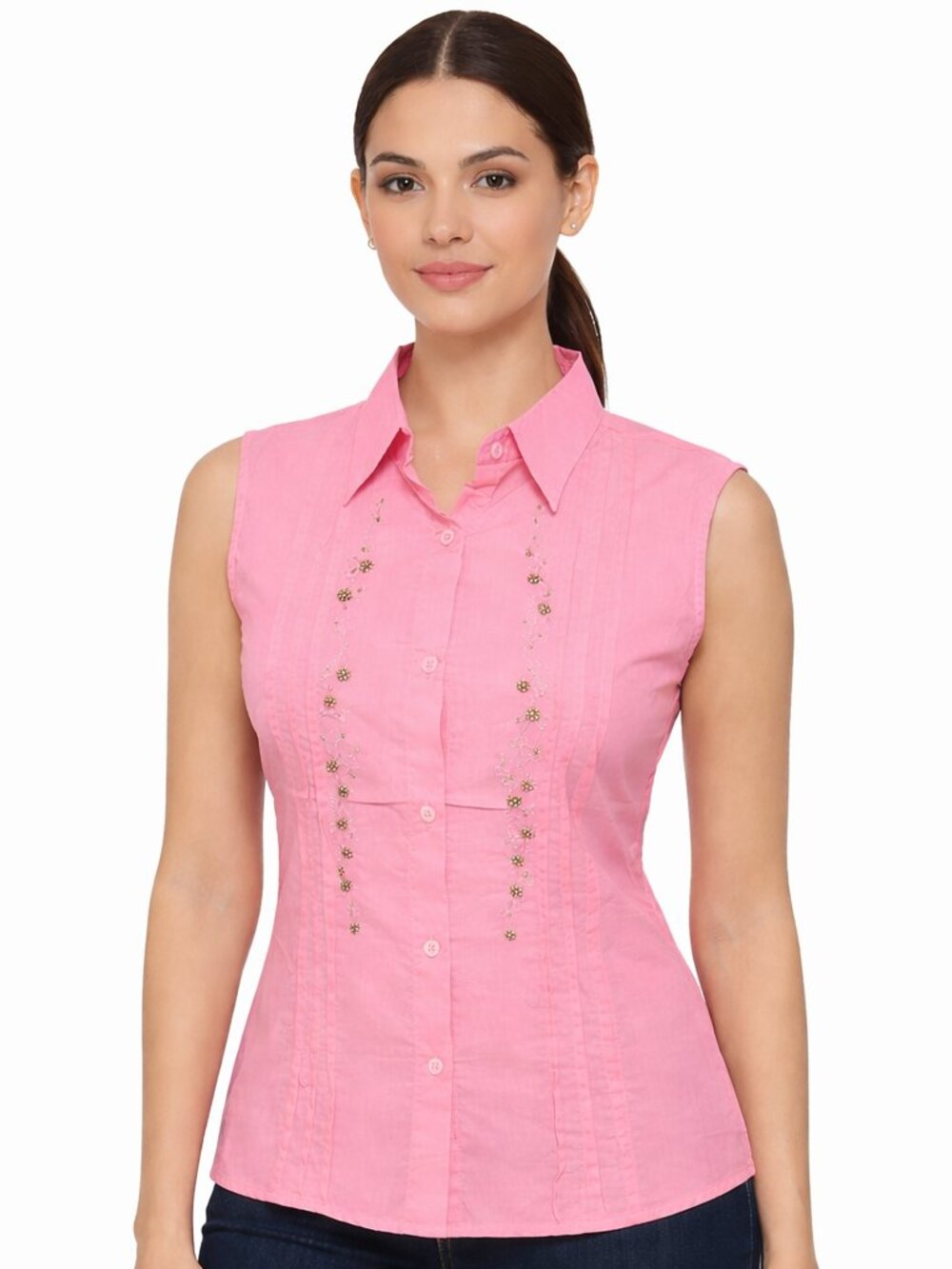 Women’s Sleeveless Button-Up Blouse – Embroidered Floral Detail Collared Top